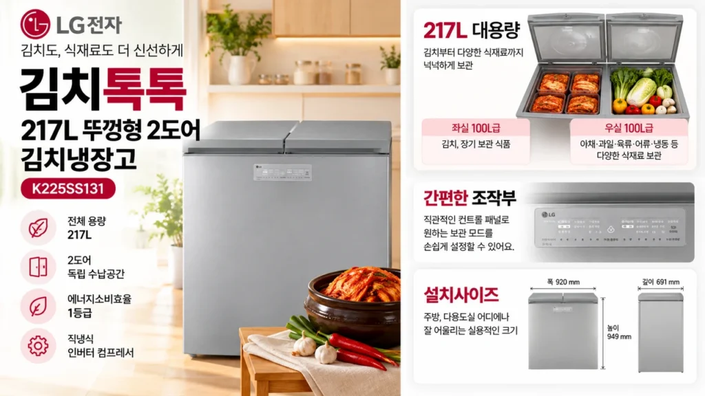 K225SS131 LG전자 김치톡톡 217L 1등급 뚜껑형 2도어 김치냉장고 추천 가격 할인 제품 이미지