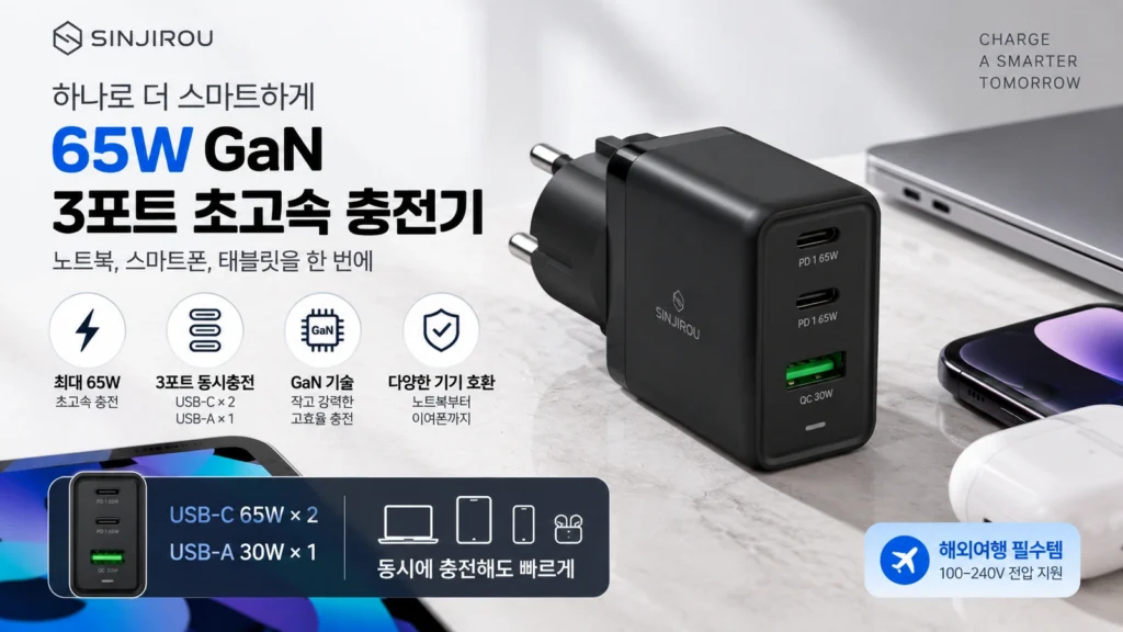 노트북 멀티충전기 추천 신지모루 O-PD 65W GaN 3포트 ZH-3U24T 제품 이미지