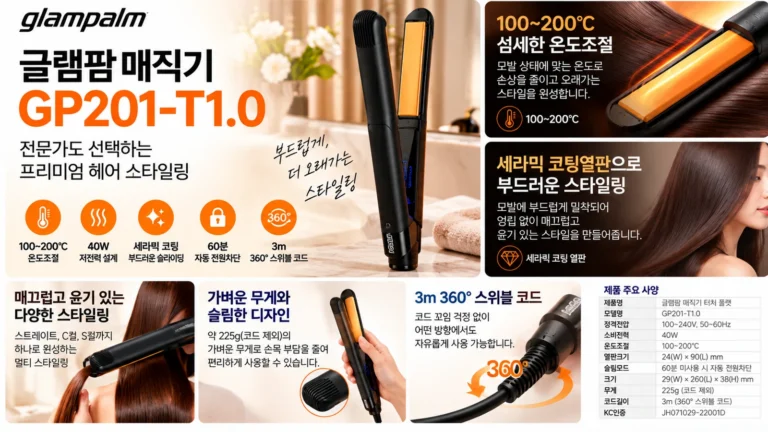글램팜 만능 매직기 GP201-T1.0 추천 100~200도 온도조절 3m 코드 헤어 고데기 할인