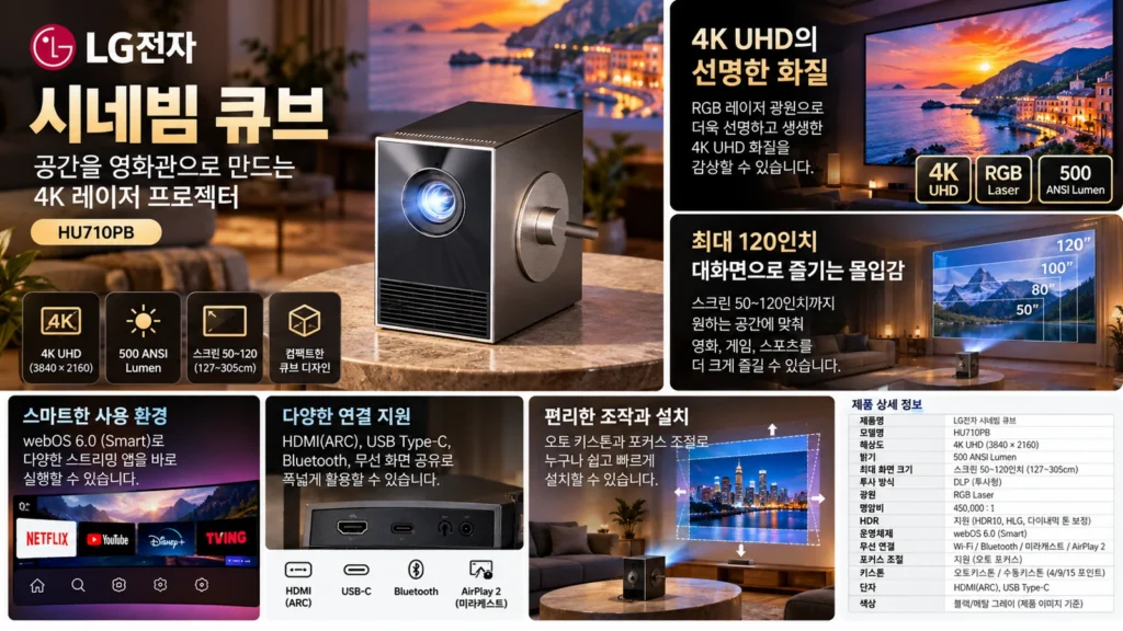 LG 시네빔 큐브 HU710PB 4K 미니 빔프로젝터 추천 가정용 홈시네마 가격 할인 혜택 제품 이미지