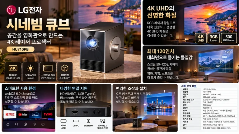 LG 시네빔 큐브 HU710PB 4K 미니 빔프로젝터 추천 가정용 홈시네마 가격 할인 혜택