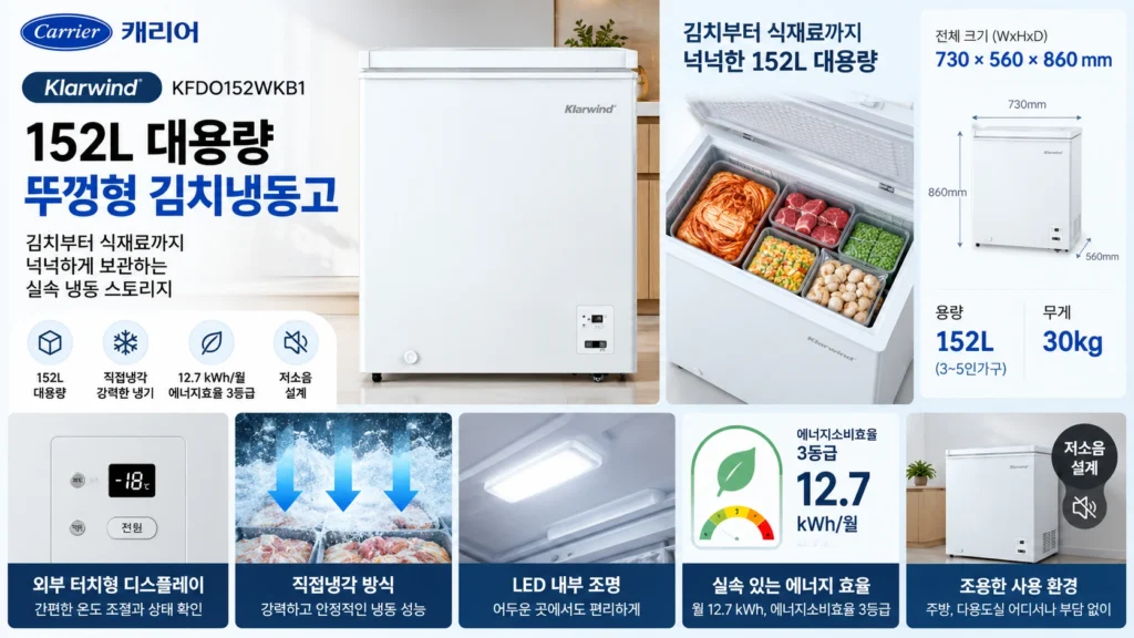 캐리어 클라윈드 152L 뚜껑형 김치냉장고 KFDO152WKB1 방문설치 제품 이미지