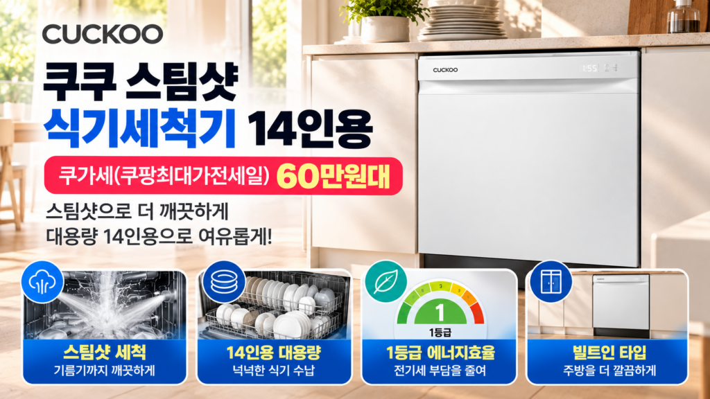 쿠쿠 스팀샷 식기세척기 14인용 추천 CDW-BSGL14BWE 쿠가세(쿠팡최대가전세일) 60만원 제품 이미지